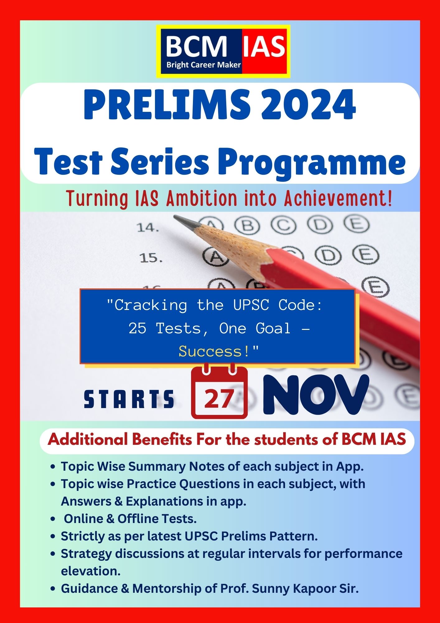 Prelims 2024 Test Series Programme - offered by Bright IAS Career Maker Faridabad